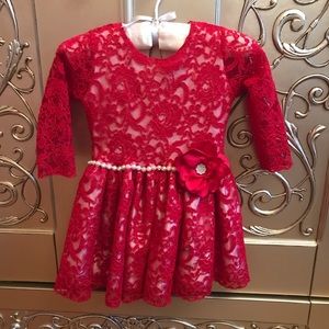 Holiday Red Lace w/ Flower Brooch Boutique Dress